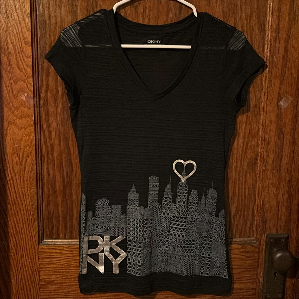 Pre-loved Women’s Black DKNY T Shirt. Short sleeved, Semi Sheer, Silver Accents.